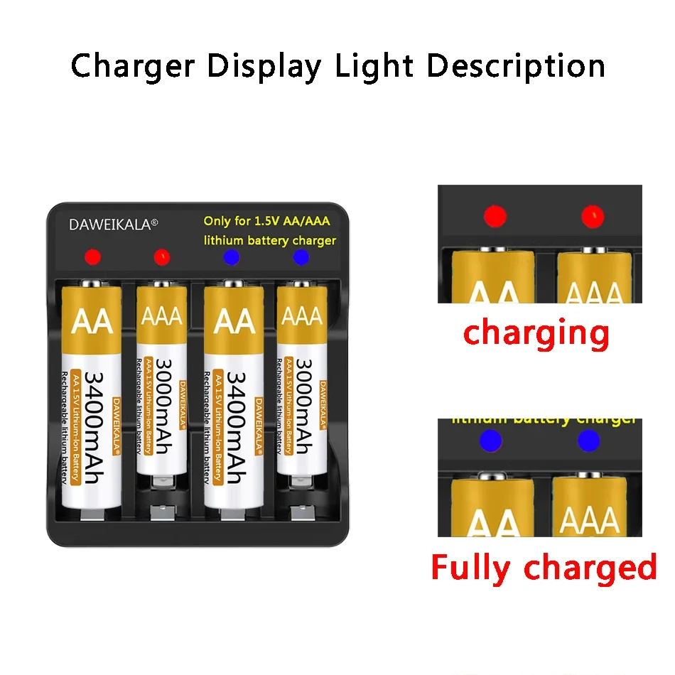 AA 1.5V Rechargeable Battery 3400mAh Lithium-ion Battery AA Battery for remote control mouse fan Electric toy with USB charger