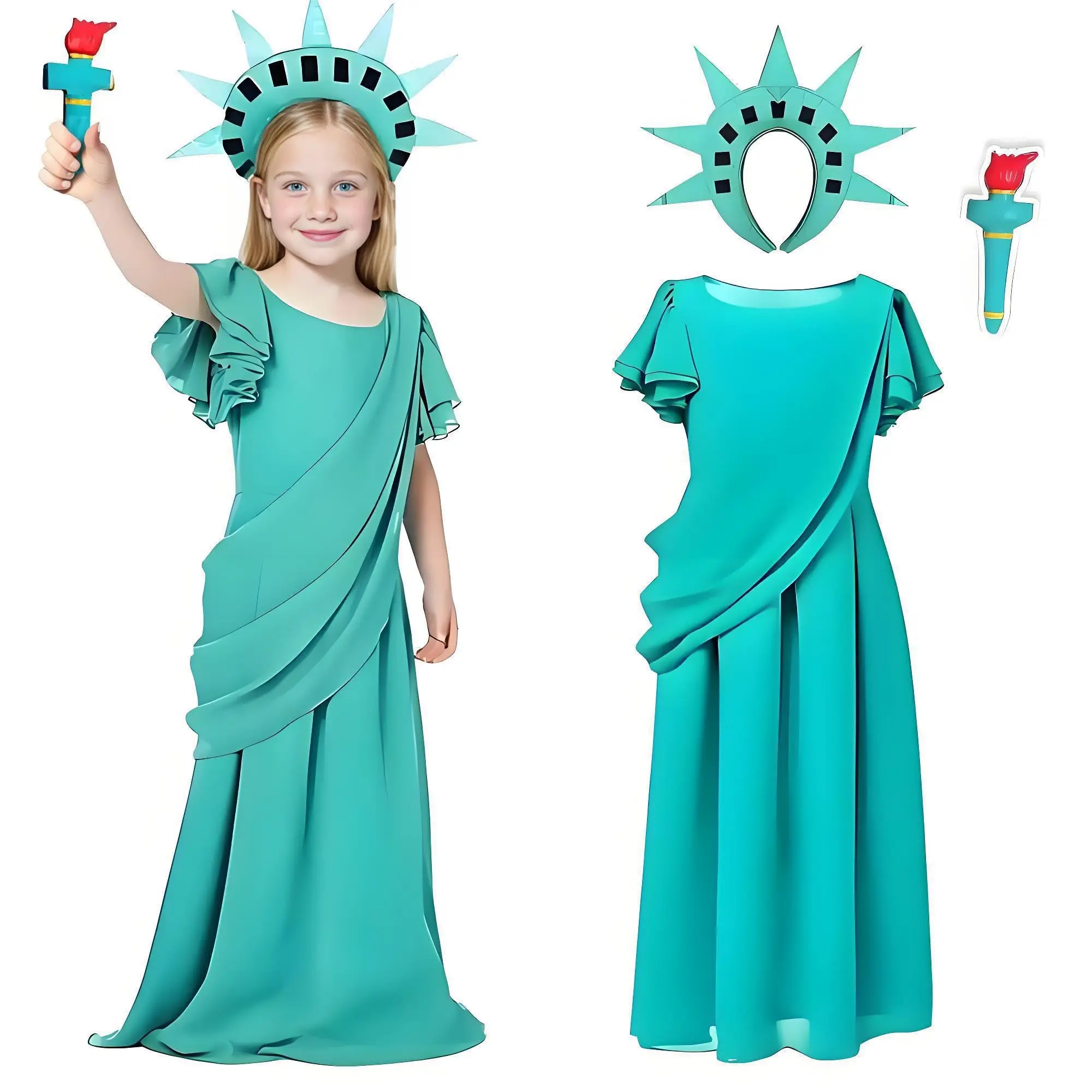 

Statue of Liberty Costume Girls Lady Liberty Dress with Crown Headband Torch for Halloween Cosplay Party For Kids