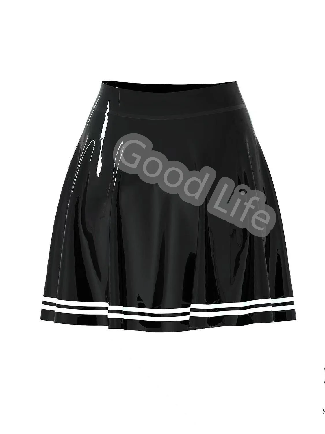 Handmade  Natural Latex gummi Black Skating Skirt With White Trim Short Latex Rubber Mini Swing Skirt  A-Line Dress