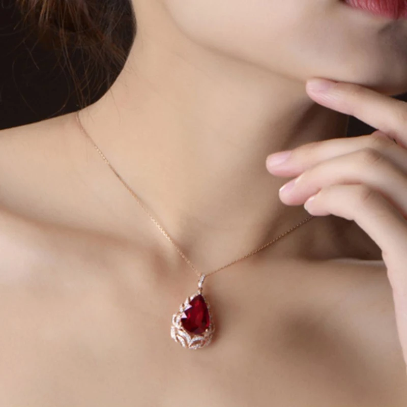 New Fashion Rose Gold Color Elegant Romantic Artificial Ruby Red Tourmaline Pendant Necklaces For Women Wedding Jewelry Gifts