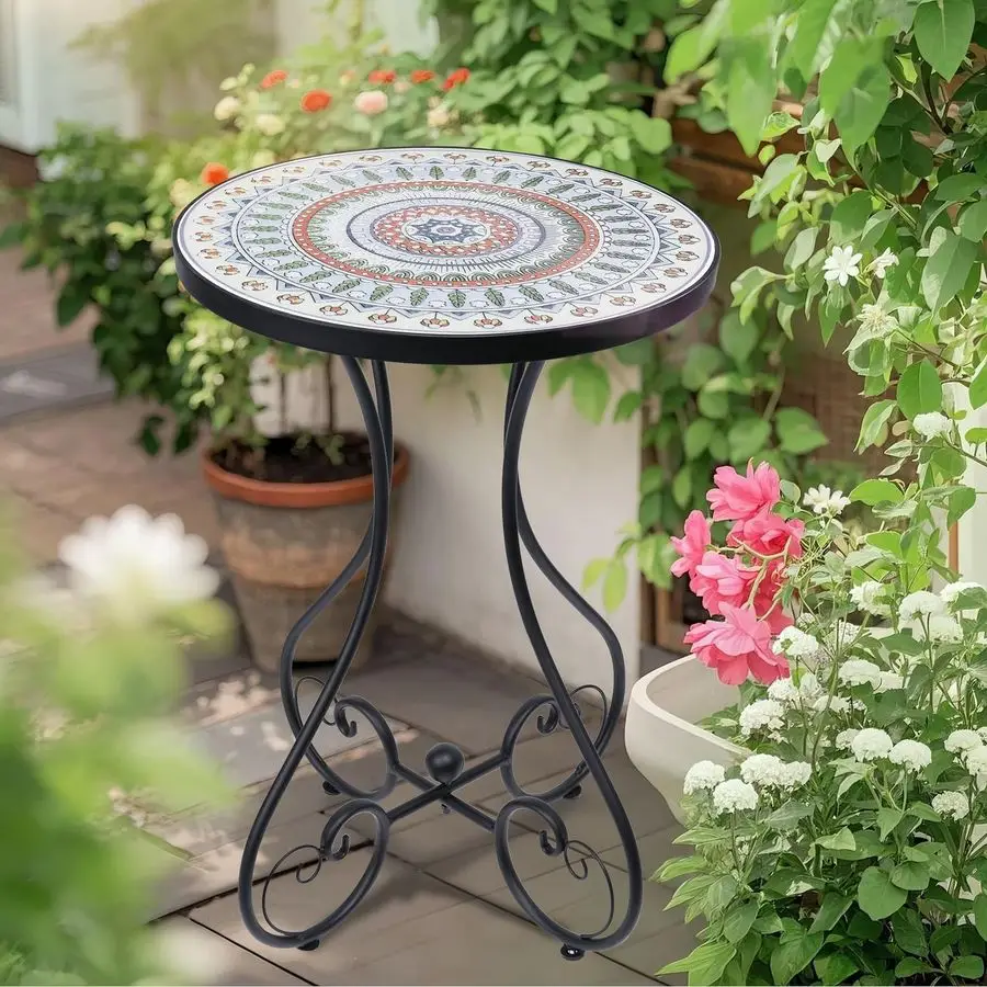 Mosaic Outdoor Side Table, Round Rustproof Patio Tables with 14 Ceramic Tile Top, Indoor Porch Accent Table for Yard, Garden, Li