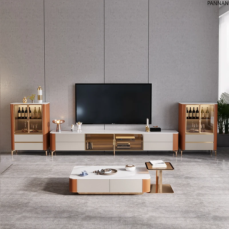 

Light luxury saddle leather TV cabinet Modern living room household small apartment glass solid wood floor cabinet