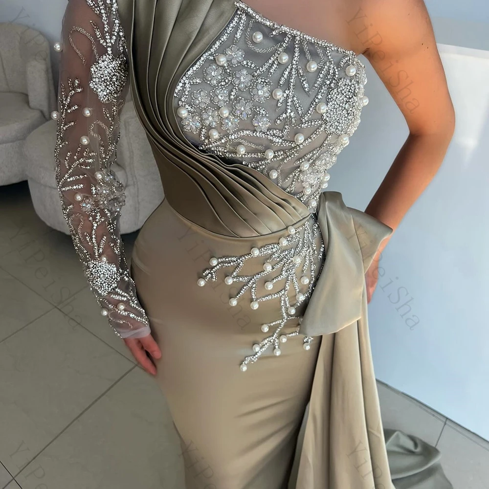 Customized Straight Evening Dresses Floor-length One-shoulder Full Sleeve Fashion Beading Crystal Pleat Simple Draped Party Gown