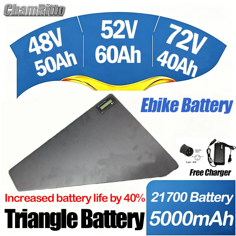 

48V 72V Electrical Bicycle Triangle waterproof battery 52V60V 40 50ah 60ah High Capacity Bafang 3000W High Power Lithium Battery