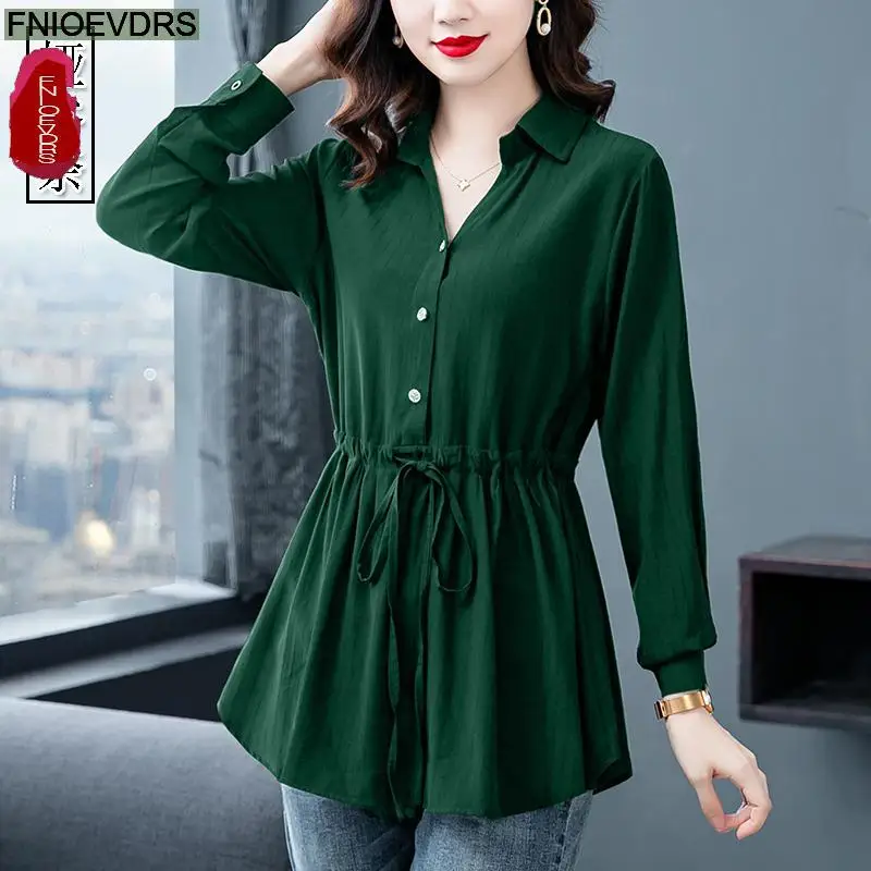 Green Tops For Women Summer Elegant Office Lady 2022 Spring Button Belly Peplum Shirt Long Blouse Tunic Camisas Blusas Feminina