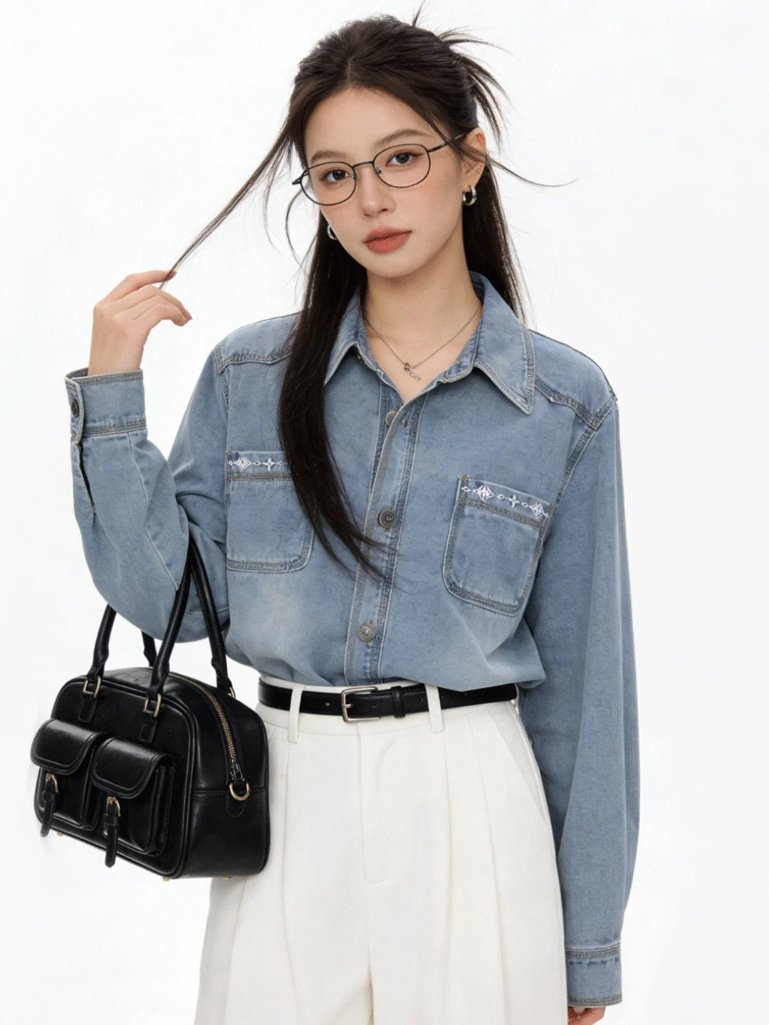 

Loose Women's Korean Sle Collar Embroidered Patch ket Design Waed Denim irt Jaet Casual Versatile Outerwear