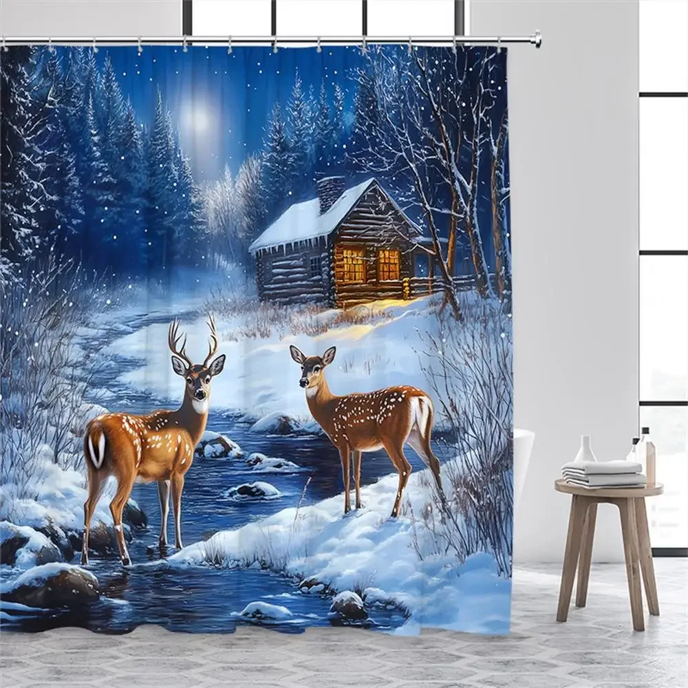 Winter Elk Shower Curtains Farmhouse Whitetail Deer Night Snow Forest Landscape Christmas Bathroom Decor Bath Curtain with Hoo