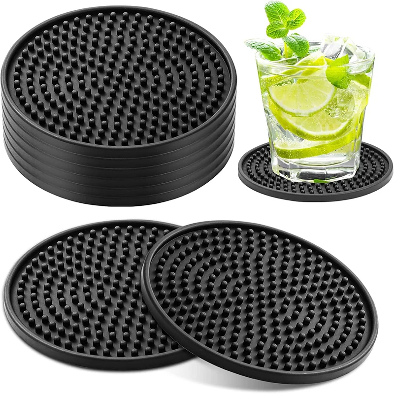 5Pcs Black Coasters PVC Round Mugs Coasters Set 10 * 10 * 0.5cm Raised Anti-Skid Design Coasters Kit for Drink Coffee Beer Bar