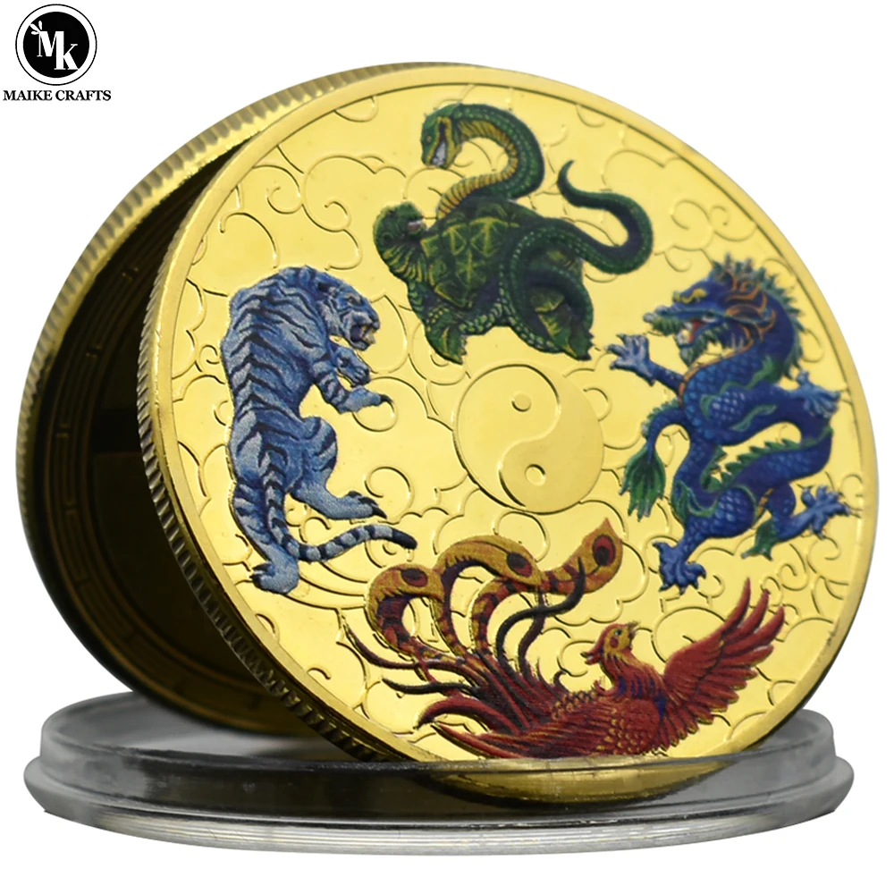 China The Four Symbols Commemorative Coin Blue Dragon White Tiger Metal Plated Taiji Challenge Coin Collection Gift