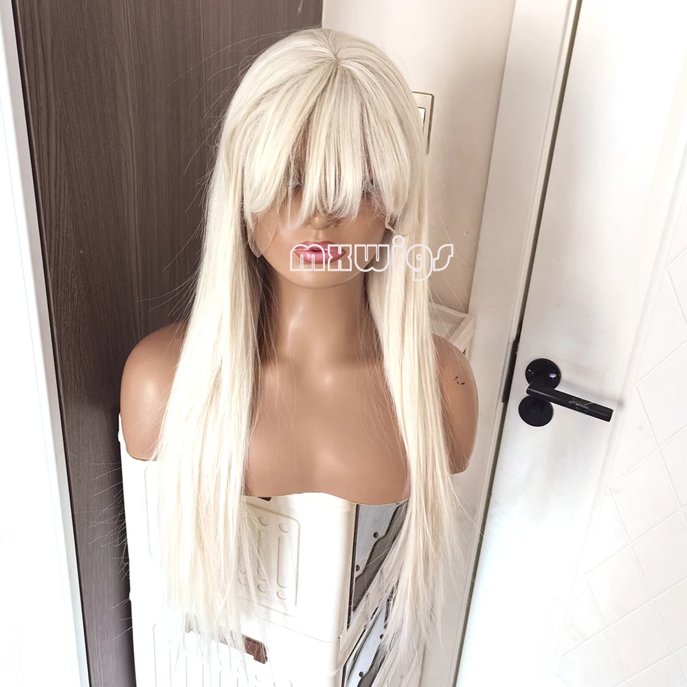 MXWIG Synthetic Hair Blonde 60 Bangs Straight  Glueless  Lace Front Wig For Black Women Preplucked 26 