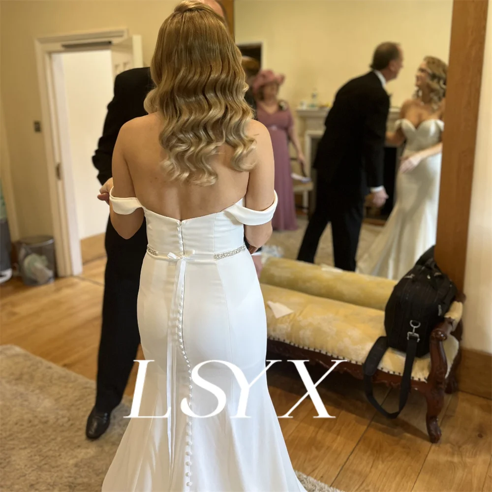 LSYX Off-Shoulder V-Neck Simple Button Mermaid Wedding Dress For Women Elegant Zipper Back Floor Length Bridal Gown Custom Made