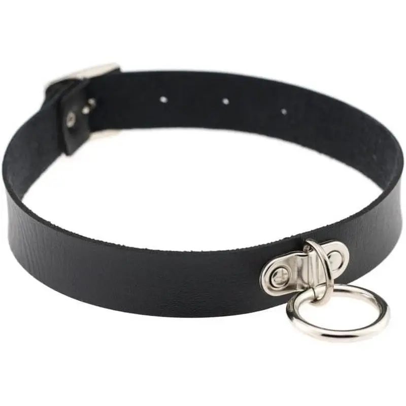 Punk Leather Choker - Black Gothic Rock Necklace, Adjustable Collar Choker for Women and Girls (O-Ring)