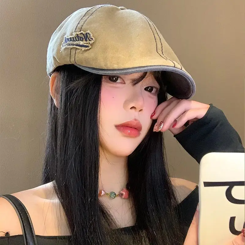 

New Japanese Washed Denim Forward Hats Men's Women's Spring Autumn Trend Sunshade Short Brim Embroidered British Newsboy Caps