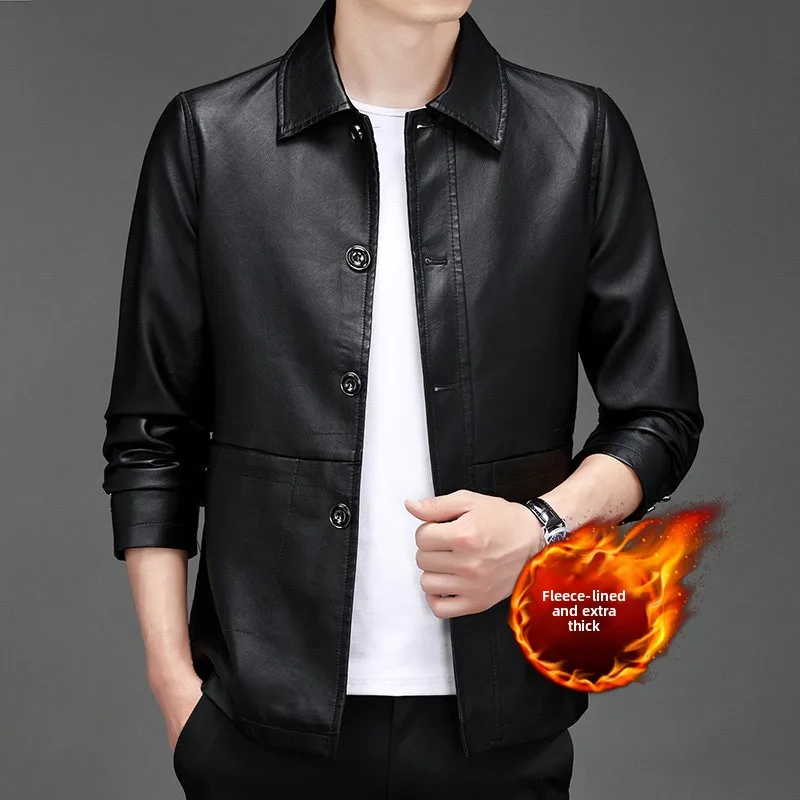 

Autumn and Winter Leather Jacket Fleece Thickened Korean Version Fashion Trend Warm Lapel Middle-aged and Elderly Coat