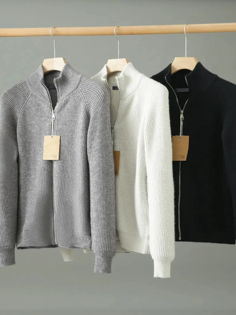 

Faionable Urban Men's Knitted Sweater Zipper Collar Thi Bar Pattern Pure Color Autumn Outerwear Casual Loose Fit Long Sve