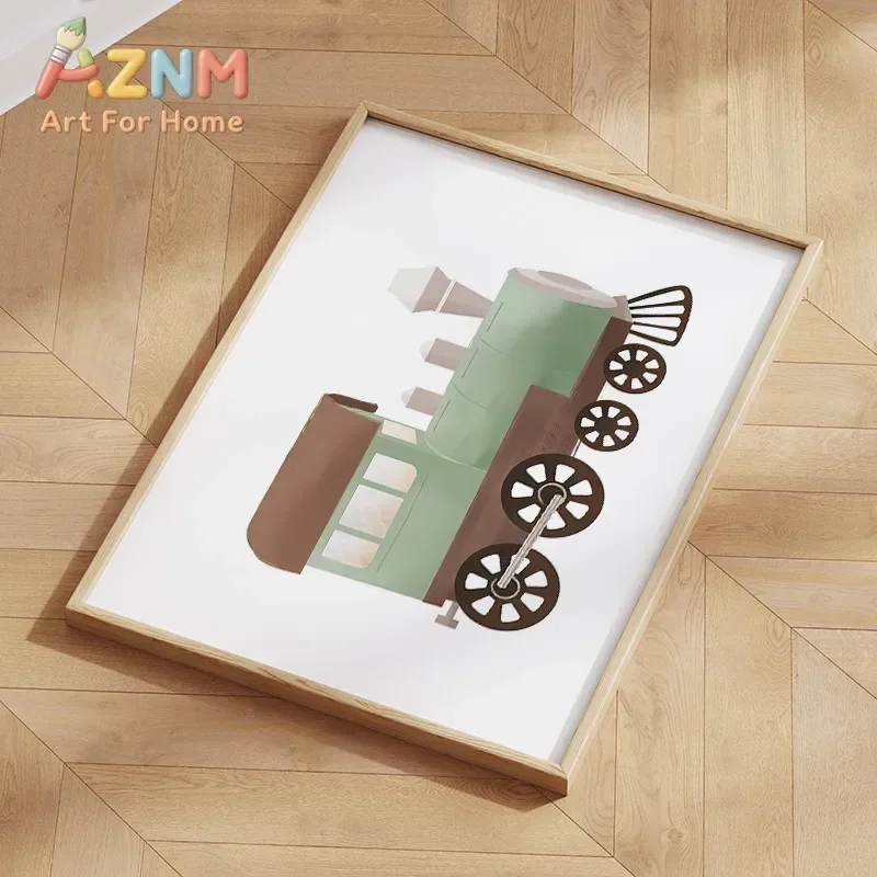 AZNM Boho Green Transport Canvas Wall Art Hot Air Balloon Train Airplane Rocket Sailboat Scooter Kids Nursery Bedroom Decor Unfr
