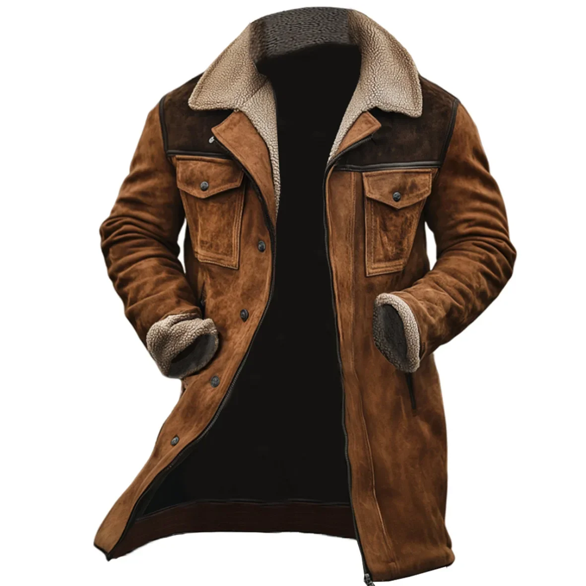 LIBIELIY Winter Fleece Mens Trench Coats Vintage Patchwork Fashion Multi Pockets Long Jackets Male Turn Down Collar Casual Windb