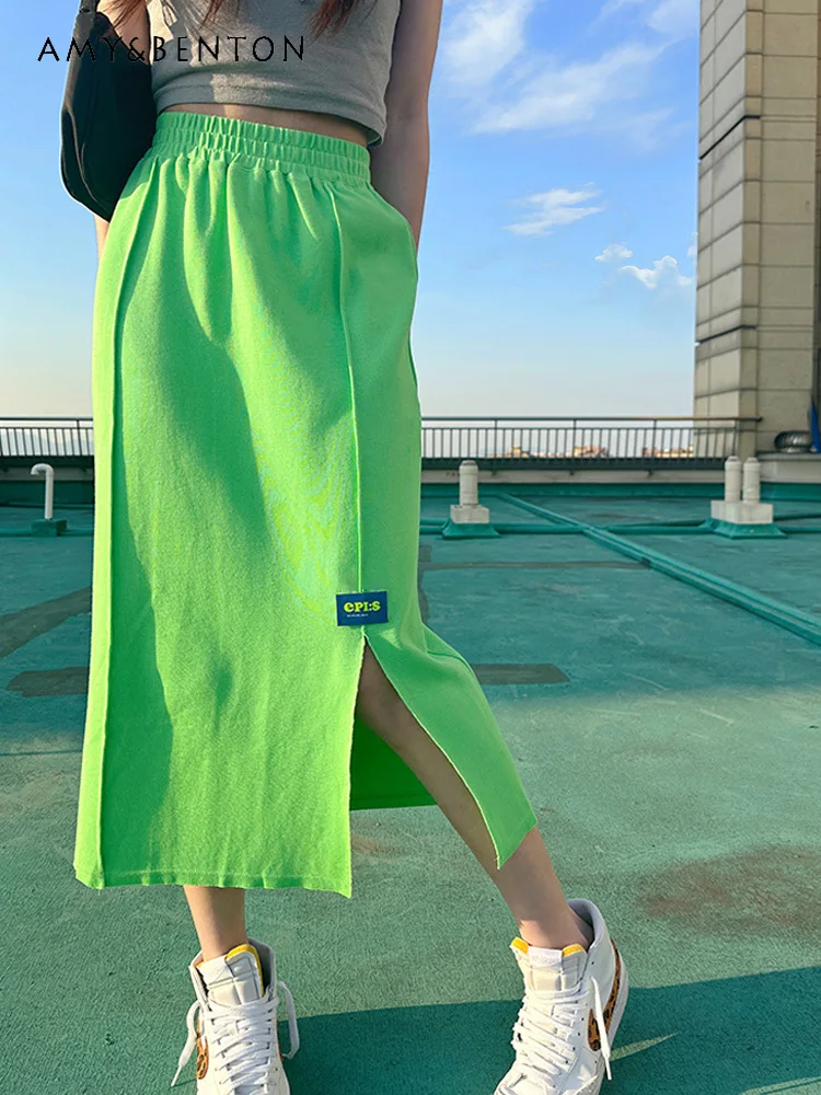 

Green Slit Mid-Length High-Waisted Women's Skirt 2025 Spring Summer New Elastic Waist Slimming A-Line Straight Skirt