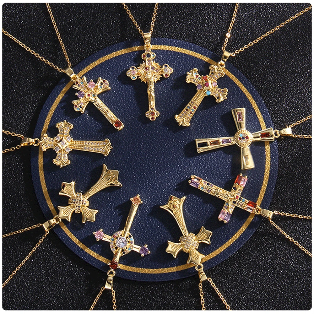 10Pcs/Lot Gothic Shiny Rhinestone Cross Pendant Titanium Steel Necklace Women Men Fashion Hip Hop Zircon Jewelry Party Mix Style