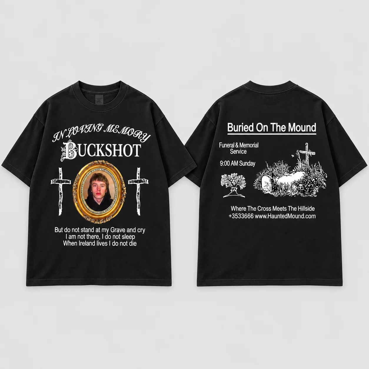 Übergroßes T-Shirt mit Rundhalsausschnitt für Damen und Herren in Loving Memory Buckshot Funeral Cross Rap Gothic Dark Vintage Kurzarm-T-Shirt – Detail 4