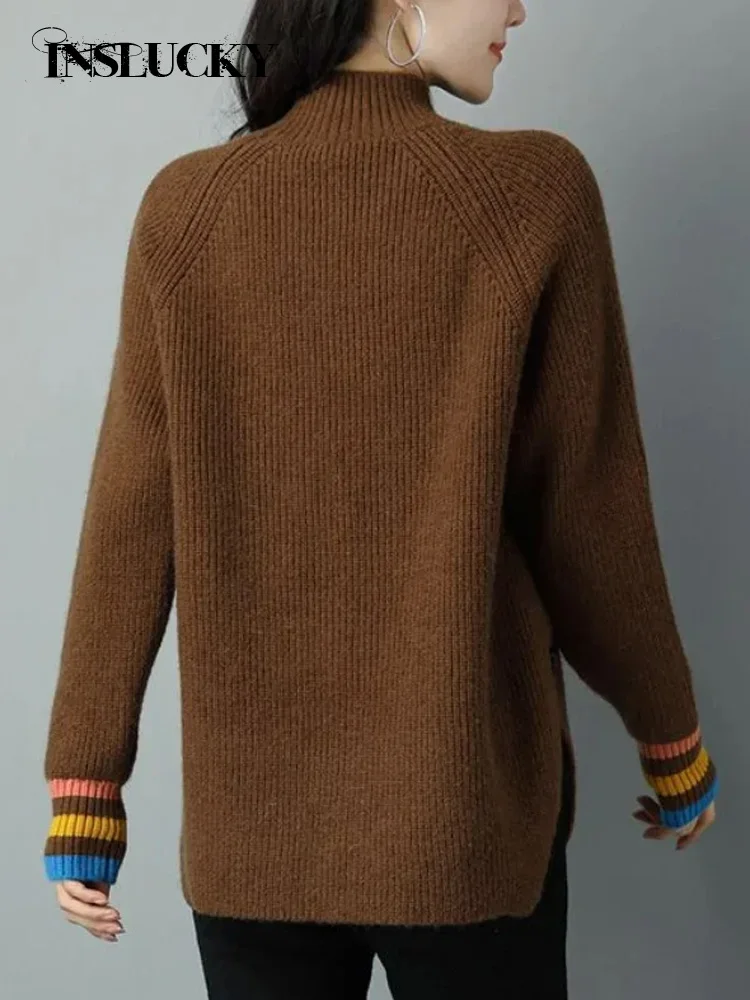 InsLucky Autumn Winter Sweater For Female Mock Neck Long Sleeve Splice Buttons Loose Pullover Letter Pink Chic Women's Clothing