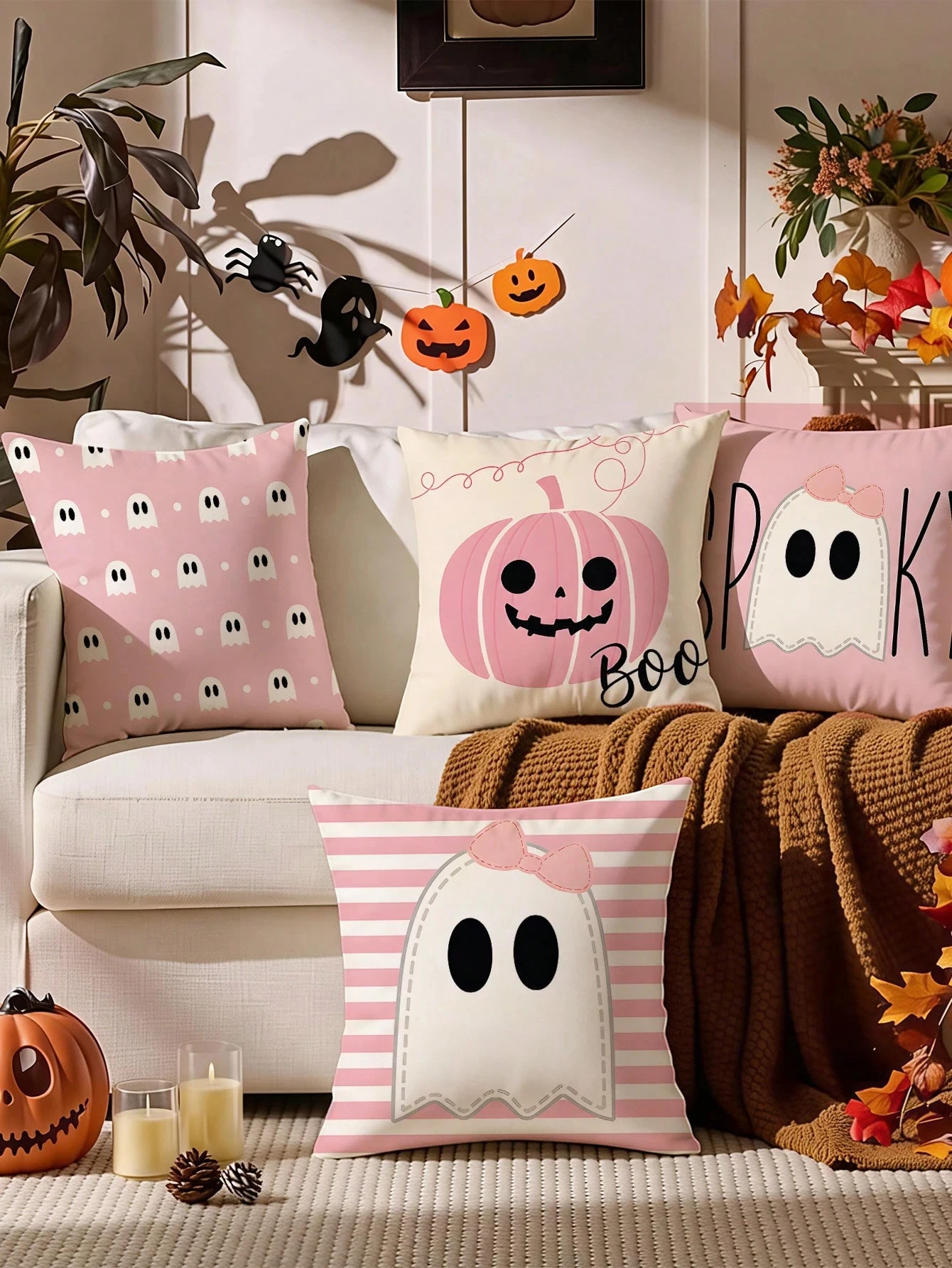 1pc Pink Cute Halloween Throw Pillow Covers Set Polyester 2D Double-Sided Print for Sofa Living Room Spooky Home Party Decor