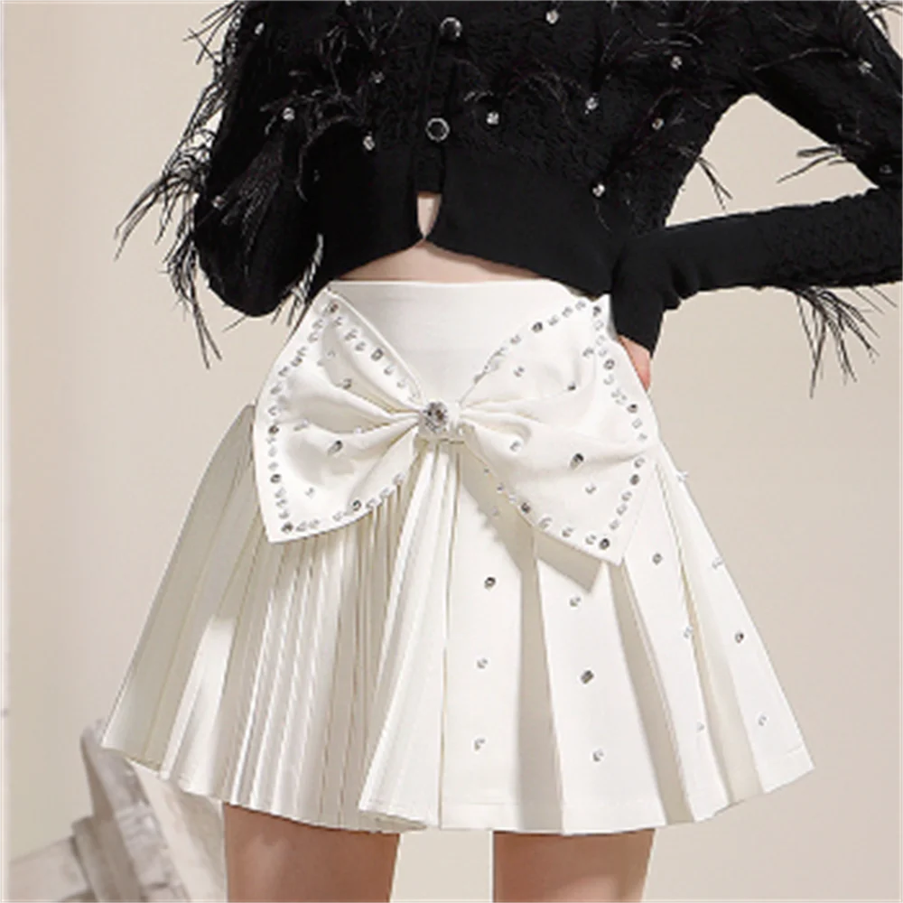 kawaii skirt women beaded diamond-encrusted sweet big bow-tie pleated skirt