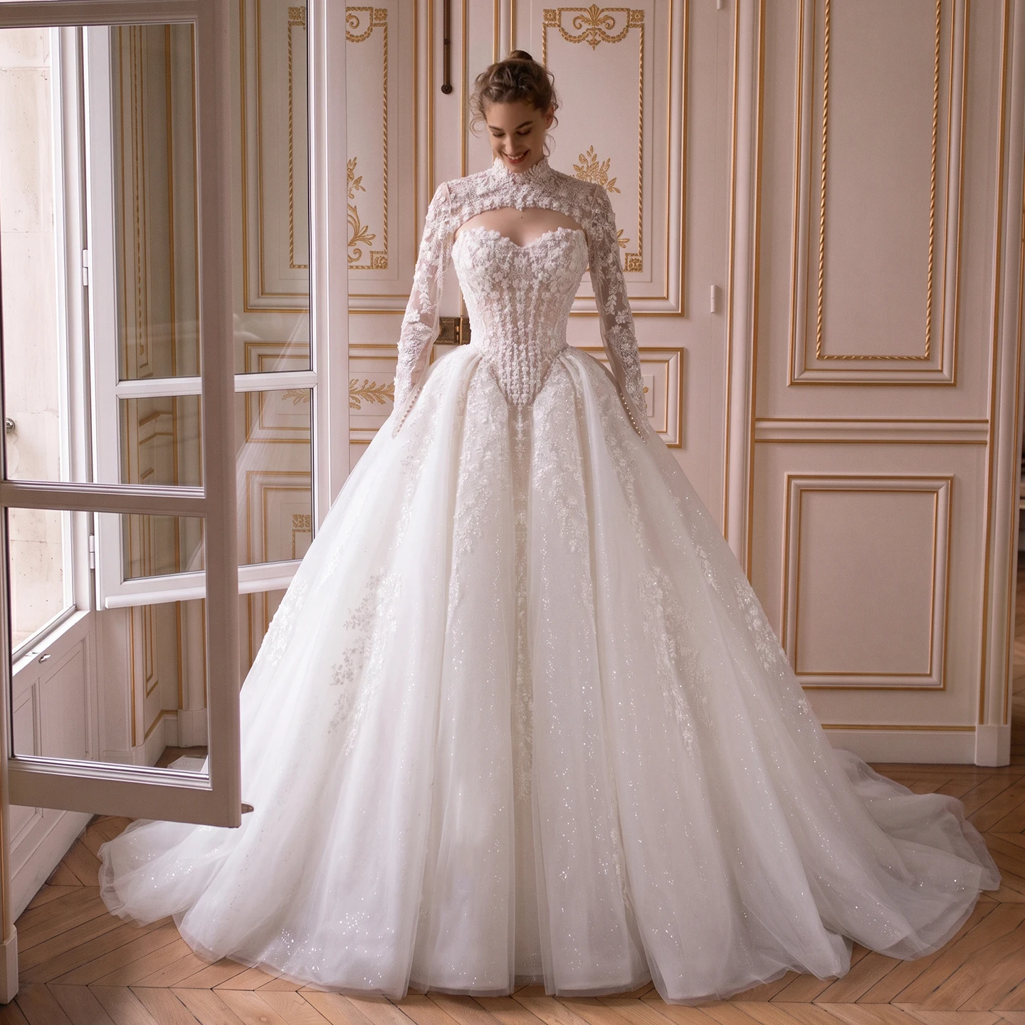 Sharon Said Elegant Off White Two Pieces Wedding Dress High Neck Pearl Beaded Alliques For Women Bridal Gown SW695 Customized
