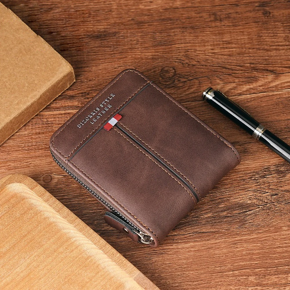 Portafogli corti da uomo Portamonete con cerniera in PU Portafogli da lavoro pieghevoli Pochette casual Fermasoldi Porta carte d'identità multi-carta regalo