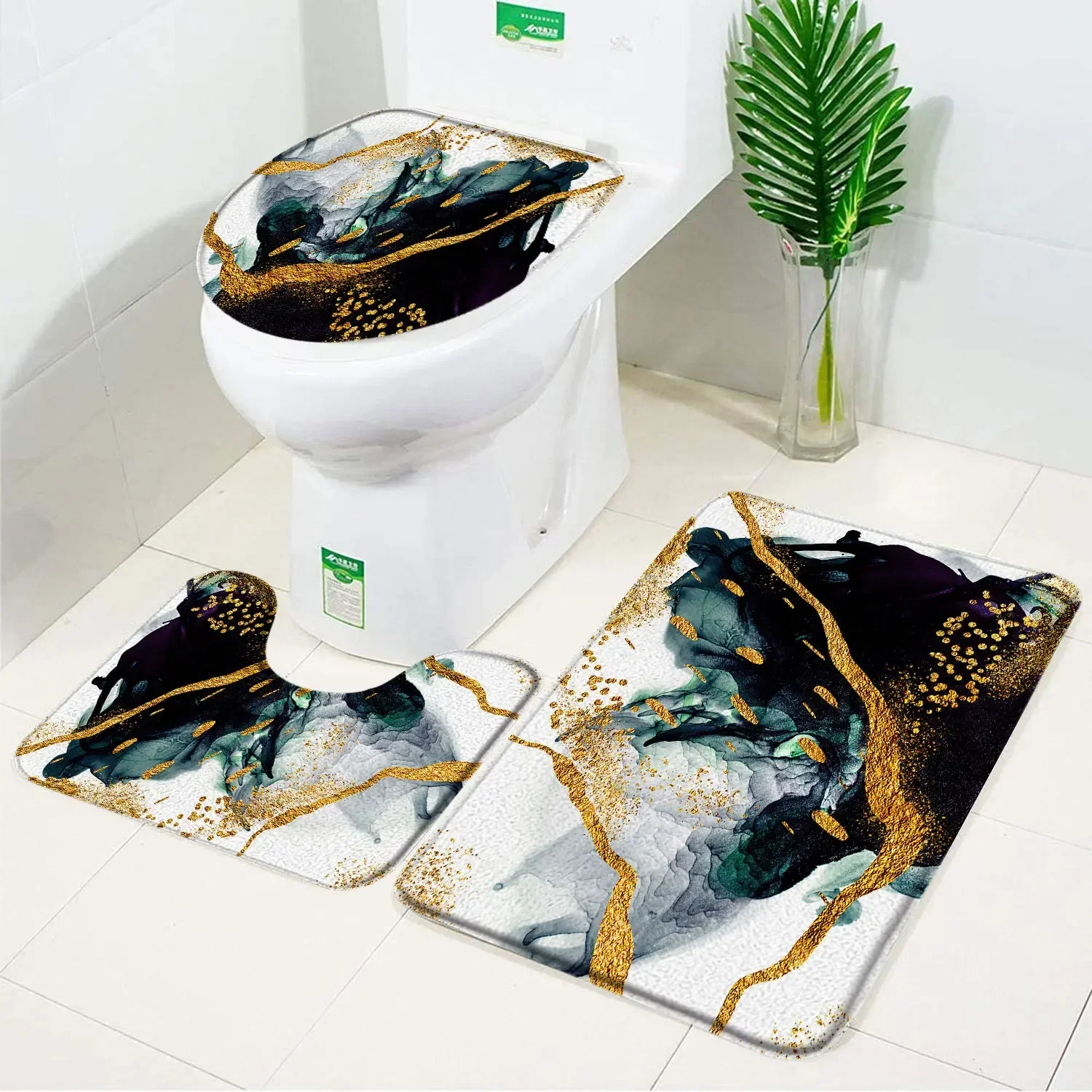 Bathroom Rug Set Coloured Marble Textured Bath Mat Flannel Non-Slip Foot Mat Toilet Cover Carpet Bathroom Decoration Accessories