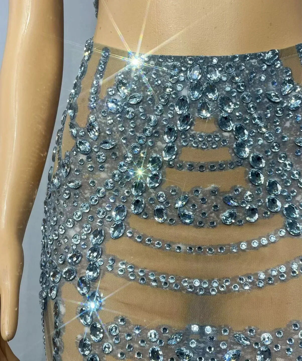 Luxurious Shining Rhinestones Sexy Nude Mesh Hollow out Dress Women Birthday Evening Prom Gowns Show Red carpet Stage Wear view 5