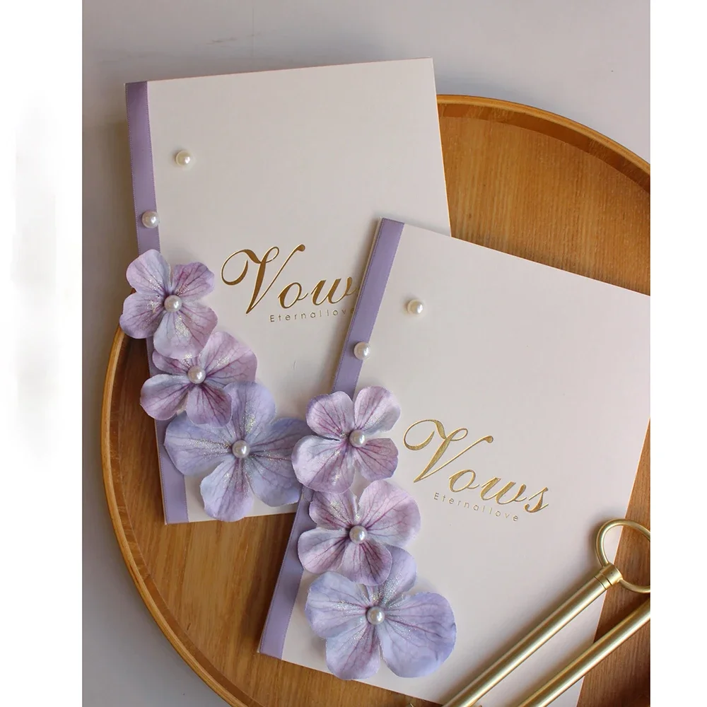 

Новая свадебная книга для обещаний с фиолетовыми и синими цветами, украшенная блестками, высококачественная карта для обещаний с золотым узлом + две ручки с ключом