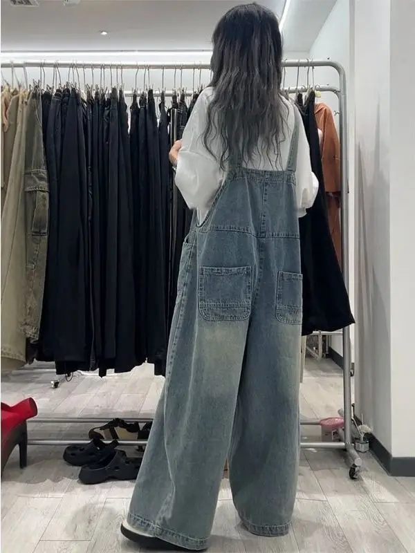 Women's Denim Overalls Summer New Style Vintage Salt And Sweet Youthful Drape Loose High Waist Wide Leg Pants Long Length