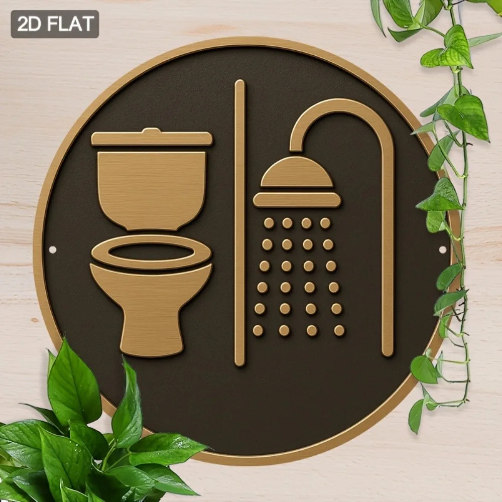 Modernes Minimalistisches Badezimmer-Schild 2D Flaches Blechschild - Gebürstetes Gold Toiletten- & Dusch-Grafik-Design Wanddekoration für Badezimmer, Hotel, S