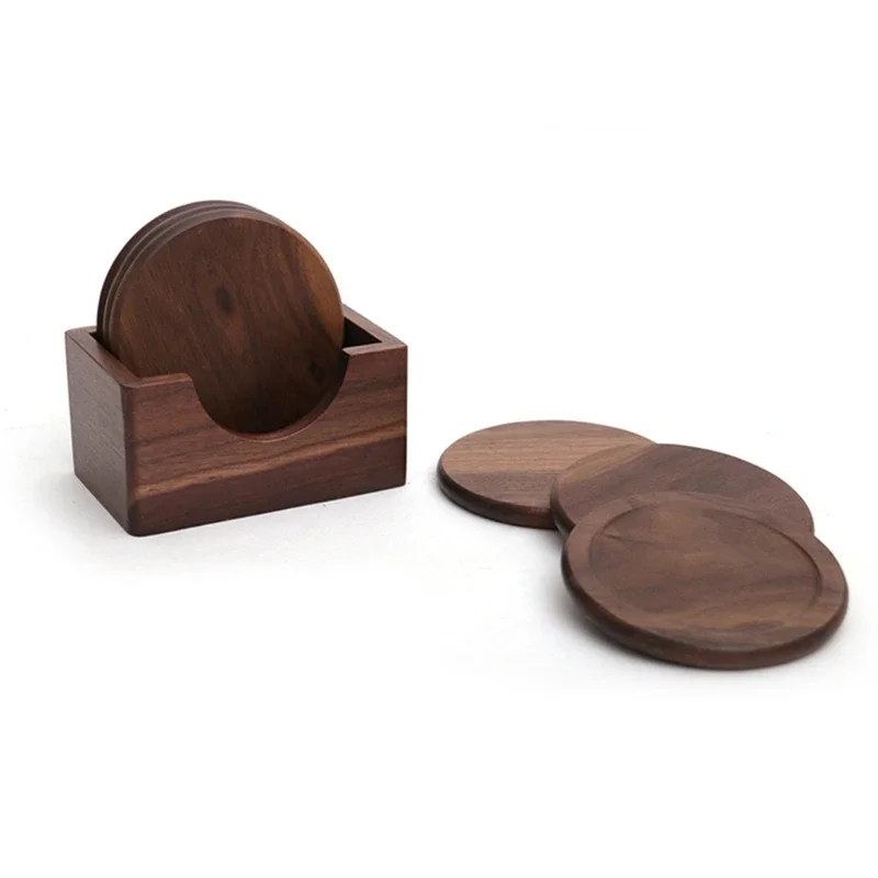 6Pc/Set Wooden Coasters Set Black Walnut Solid Wood Round Table Mat Heat Insulation Pad Box Bottom Holder Kitchen Table