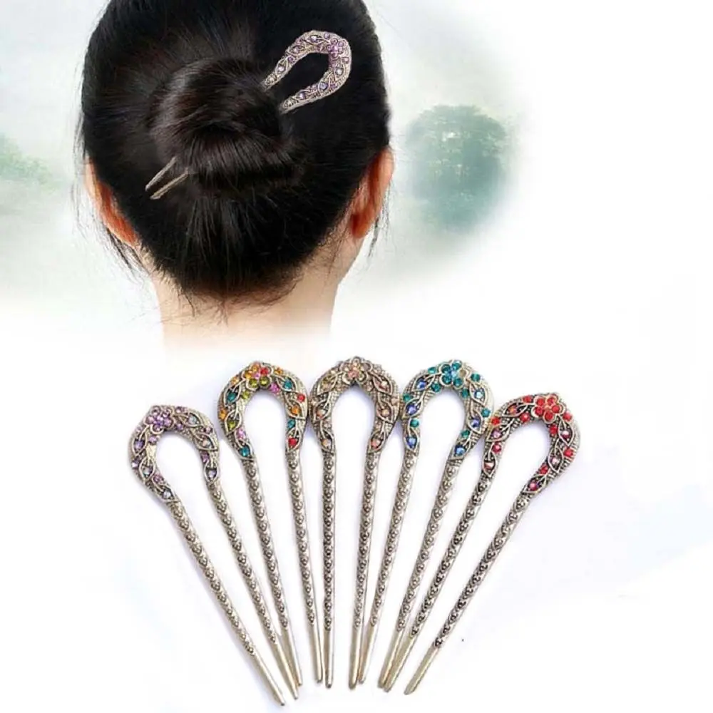 Antique Delicate Women Rhinestone Bronze Plated Stick Pin Hair Accessories Hairpins U-shaped