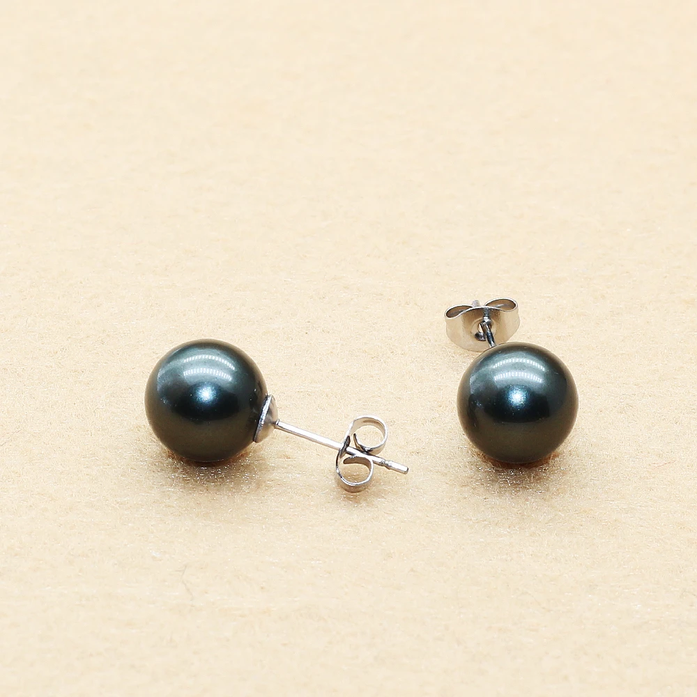 Brief Style Stainless Steel With Nature Shell Beads Black Color Pearls Push-back Stud Earrings 4/6/8/10mm No Fade Allergy Free