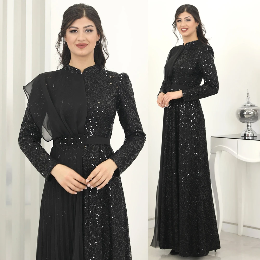 Customized Middle Eastern Style High Long Sleeve Sequins Patchwork A-line Exquisite Evening Dresses Women فساتين للحفلات الراقصة