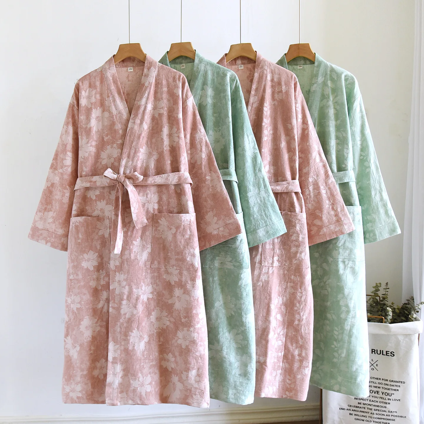 

Women's Cotton Slanted Placket Kimono Robes for Spring and Summer Thin Sleepwear Loose Lace Up Bathrobe Sweatshirt Clothes
