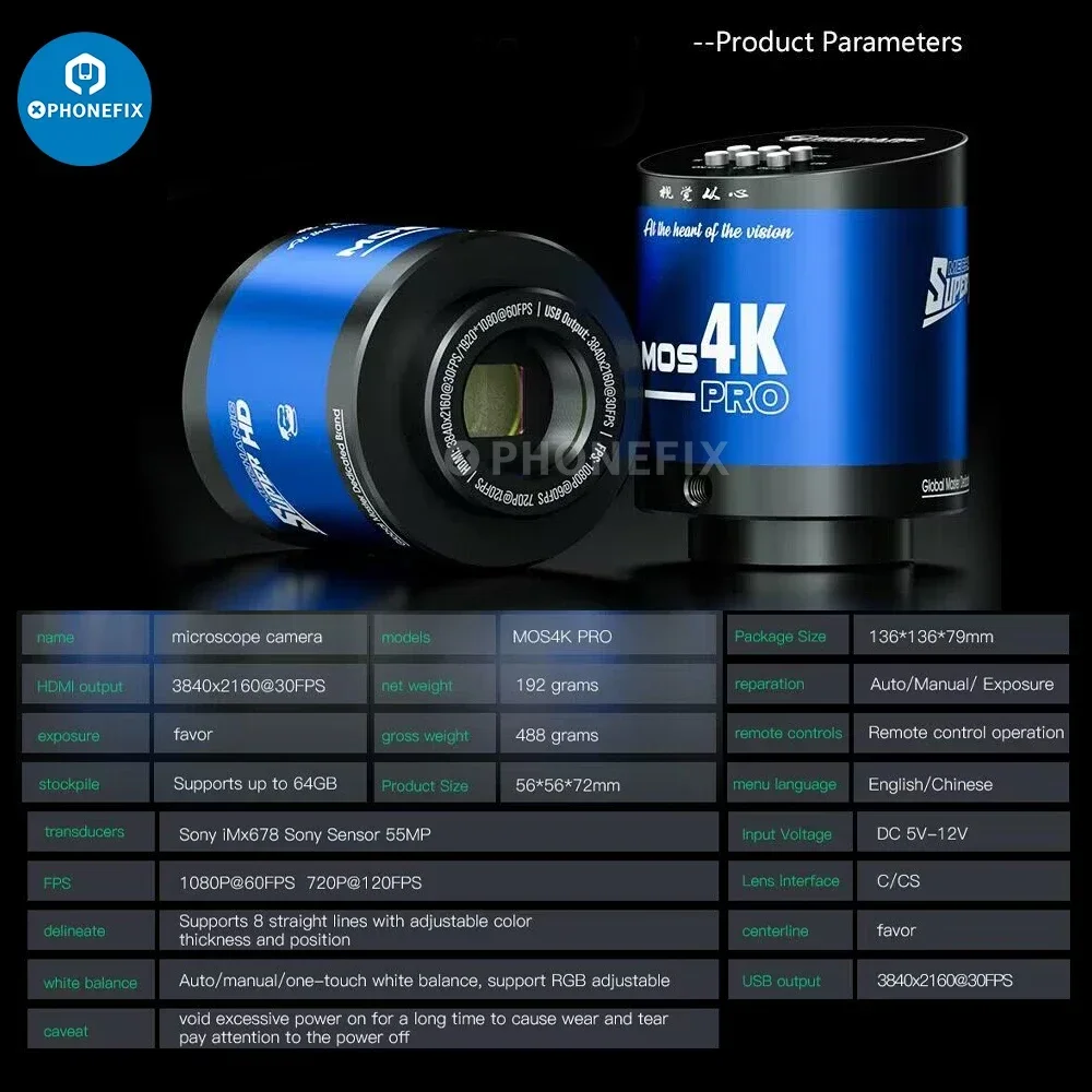 Imagem -04 - Câmera de Microscópio Industrial Mecânico Vídeo hd 4k Trinocular para Eletrônica Reparo de Solda Pcb Mos4k Pro