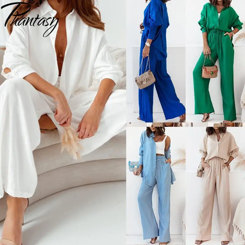 

Phantasy Fashion Two Piece Set Women Pants Set Loose Office Lady Shirt White Wide Leg Pants Casual Business Suits Women Trousers