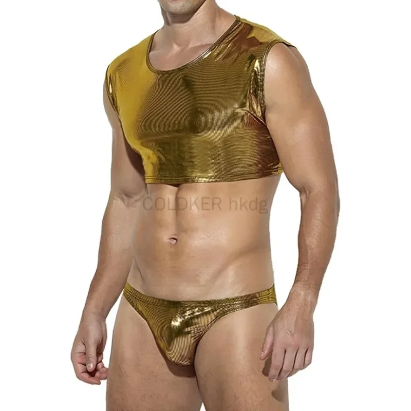 

Men's Sets 2 Piece Outfit Glossy Patent Leather Costume Wetlook Outfit Metallic Crop Top And Panties Set Clubwear Nightwear