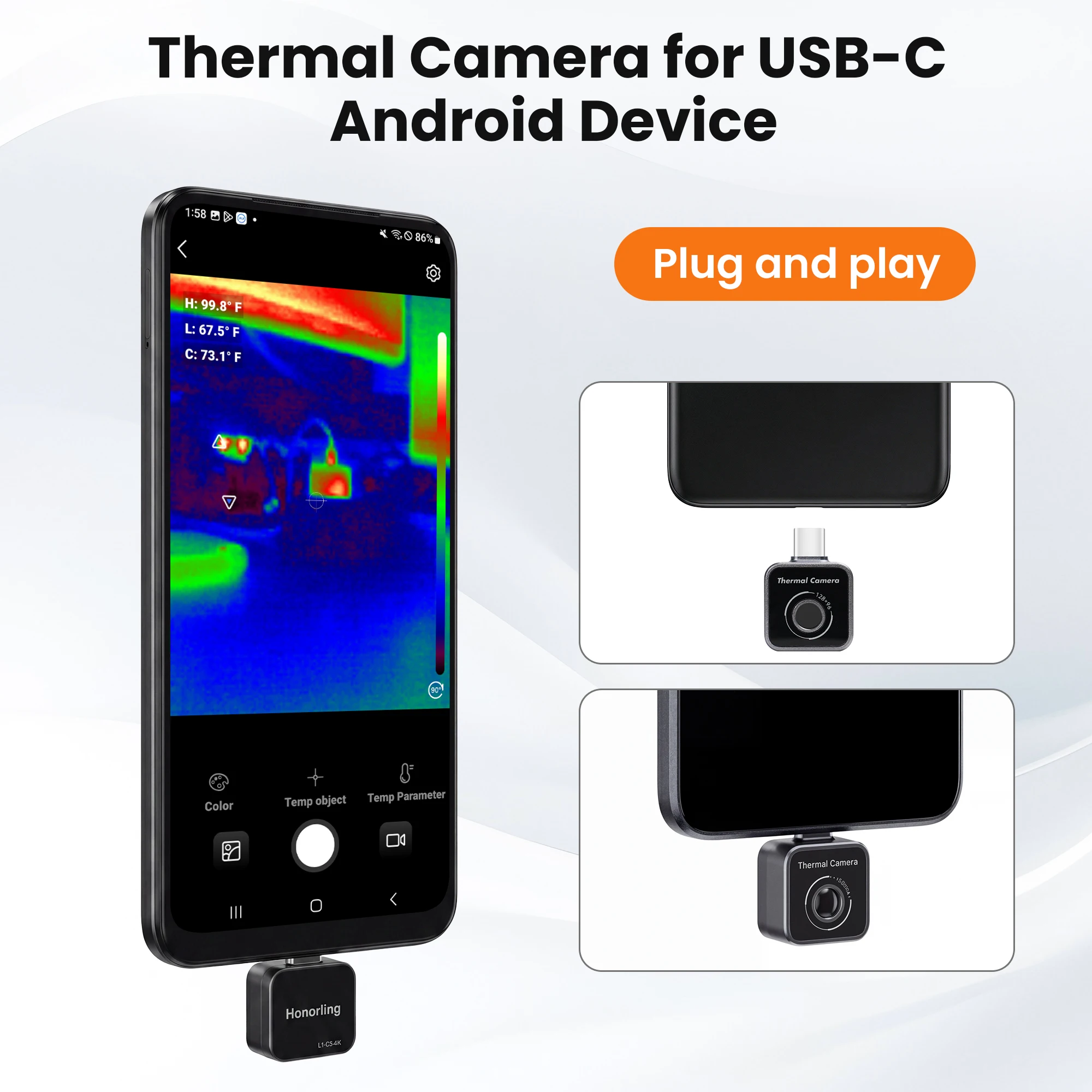 Android Plug-in Thermal Camera, 128×96 IR Resolution, 9Hz Frame Rate, 14℉~842℉(-10℃~450℃), Multi Color Palettes, Support Photo Video Report Export for HVAC Electrical Plumbing Automotive DIY Inspection