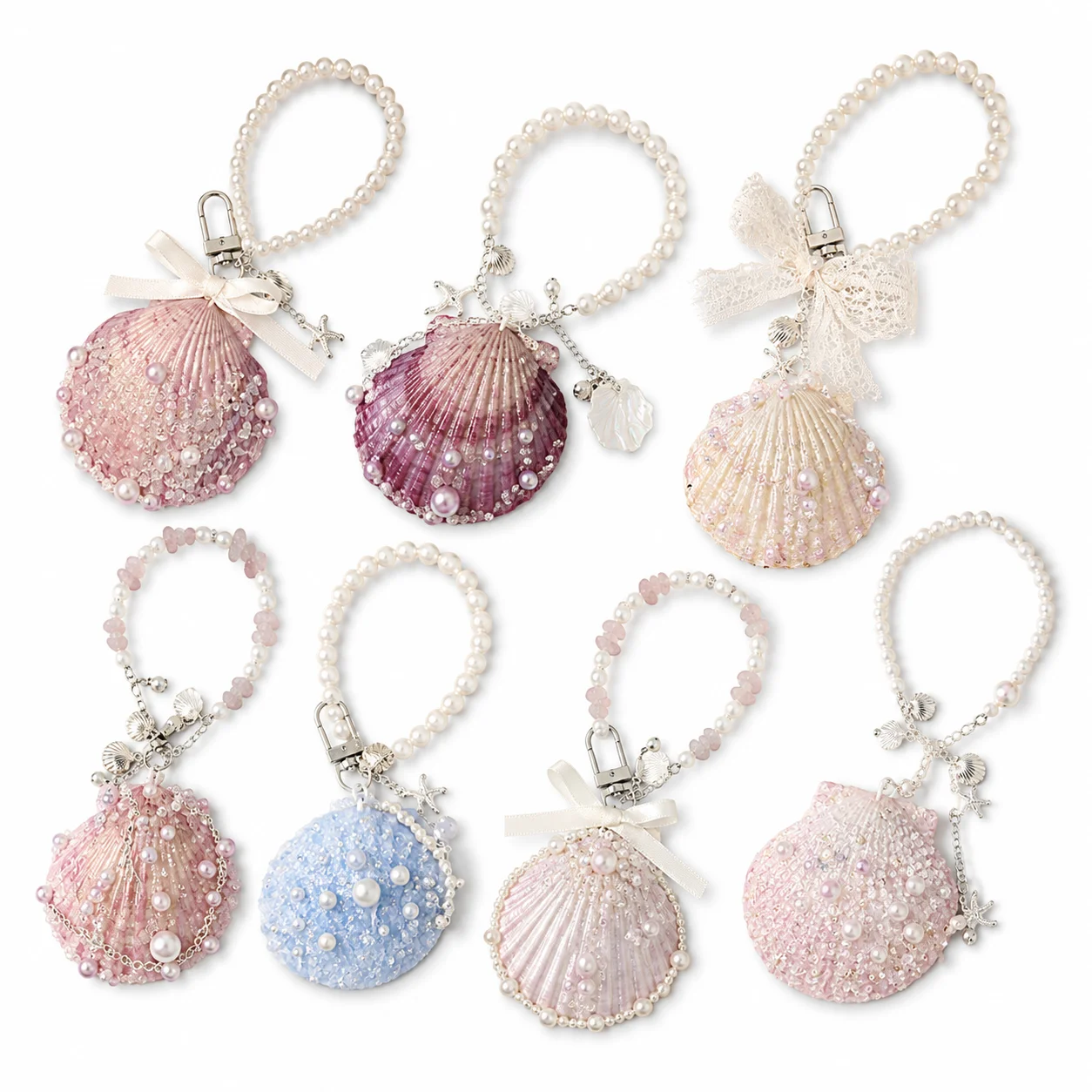 Handmade Pearl Seashell Bag Charm Keychain, Pastel Ocean Shell Wristlet with Starfish Pendant for Handbag Decoration