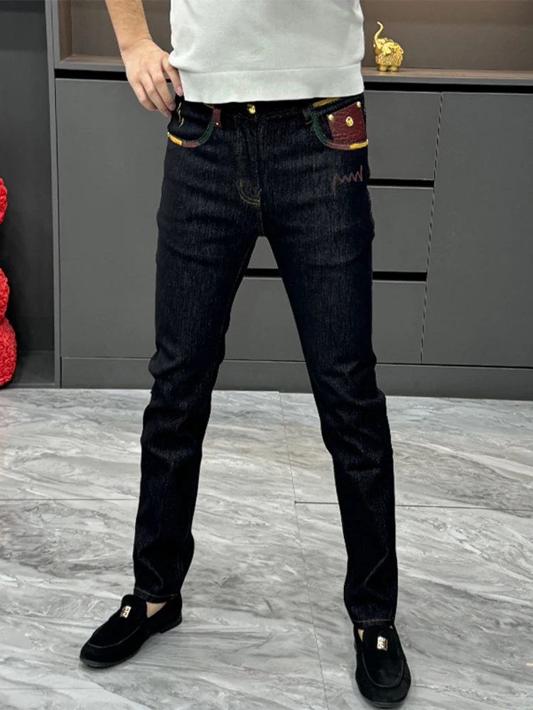 

Bla Slim Fit Printed Jeans Men's Faionable Simple Personali Youth Versatile Casual Wear All Seasons Wear Resistant