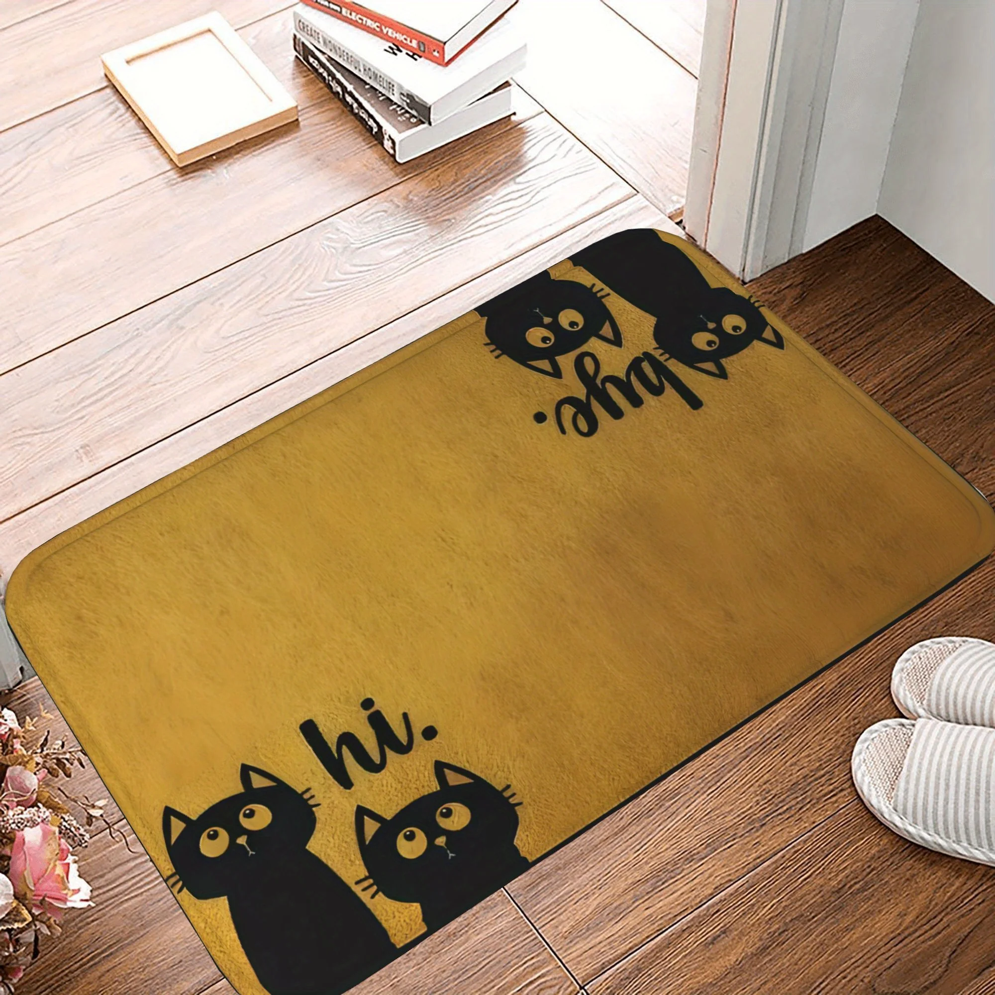 Charming 'Hi Bye' Cat Doormat - High-Quality Non-Slip Mat, Cute Black Cats Design for Pet Lovers and Home Decor Enthusiasts