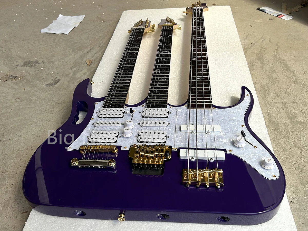 Factory Three Necks Purple 4+6+12 Strings Electric Bass Guitar Rosewood Fretboard Gold Hardwares Customizable