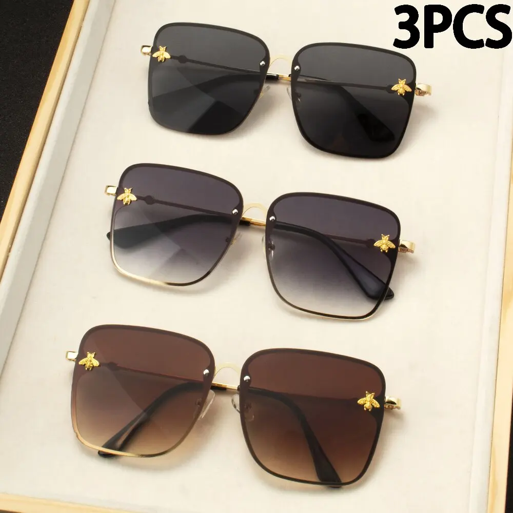 

3PCS New Fashion Lady Oversize Rimless Square Bee Sunglasses Women Men Small Glasses Gradient Sun Glasses Female UV400