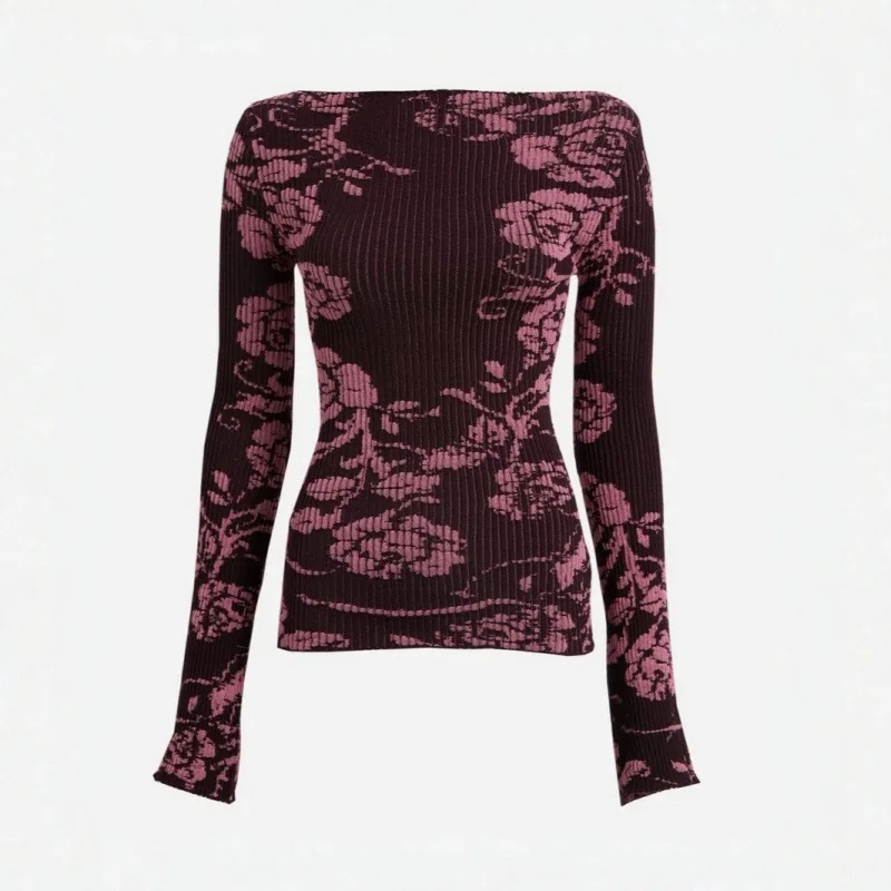 

Paloma Wool Rose Print Wool Long Sve Elastic round Ne T-irt Women's Knittedwear College Sle Autumn Faion China Origin