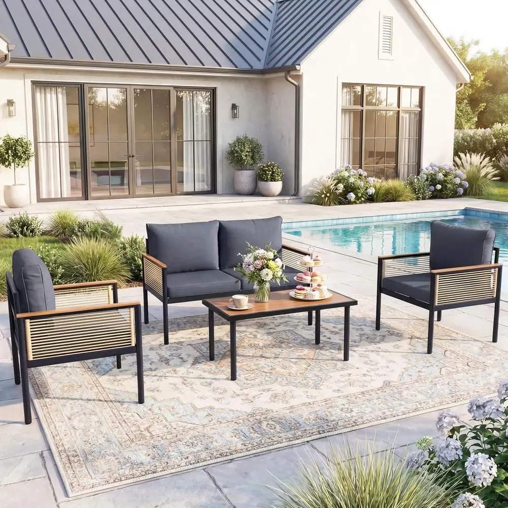

4-Piece Outdoor Patio Furniture Set with Coffee Table, Weatherproof Cushions for Backyard, Garden, or Poolside in Grey